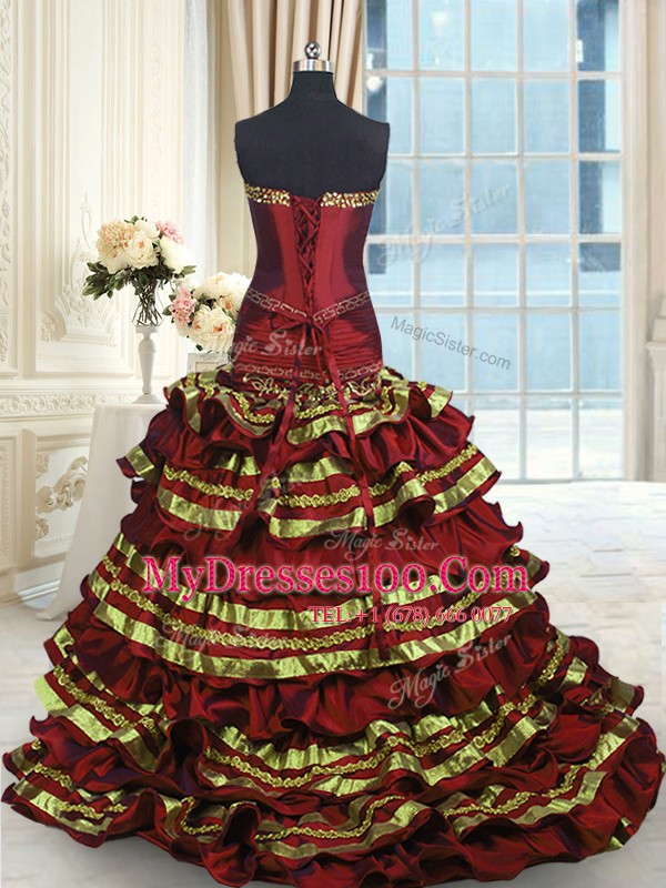 High Quality Sleeveless Sweep Train Appliques and Embroidery and Ruffled Layers and Bowknot Lace Up Quinceanera Dress