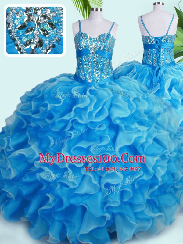 Beading and Ruffles Quinceanera Dress Baby Blue Lace Up Sleeveless Floor Length