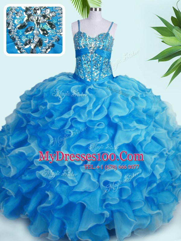 Beading and Ruffles Quinceanera Dress Baby Blue Lace Up Sleeveless Floor Length