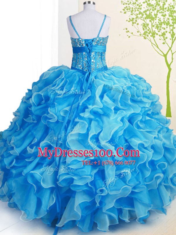 Beading and Ruffles Quinceanera Dress Baby Blue Lace Up Sleeveless Floor Length