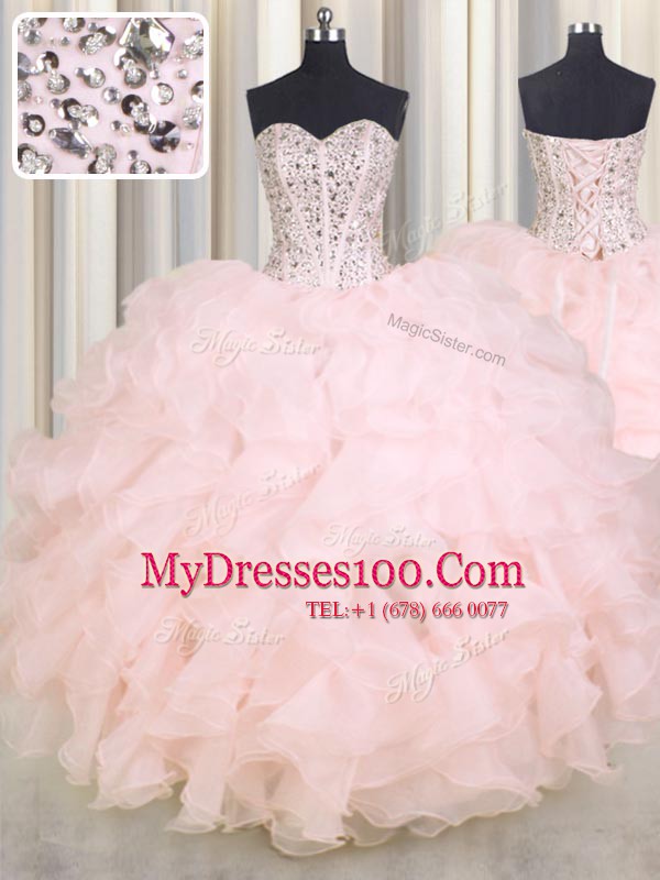 Beautiful Ball Gowns Vestidos de Quinceanera Baby Pink Sweetheart Organza Sleeveless Floor Length Lace Up