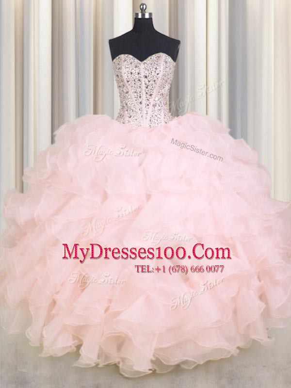 Beautiful Ball Gowns Vestidos de Quinceanera Baby Pink Sweetheart Organza Sleeveless Floor Length Lace Up