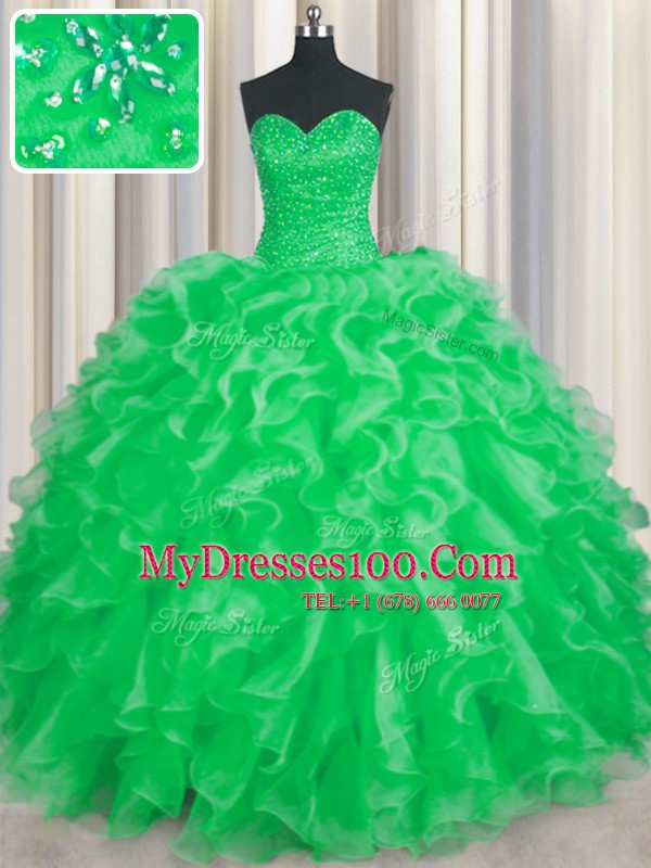 Discount Organza Sweetheart Sleeveless Lace Up Beading and Ruffles Quinceanera Dress in Green