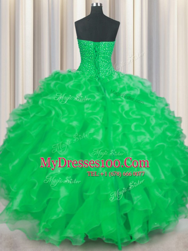 Discount Organza Sweetheart Sleeveless Lace Up Beading and Ruffles Quinceanera Dress in Green