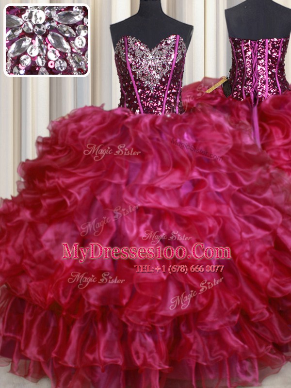 Noble Hot Pink 15 Quinceanera Dress Military Ball and Sweet 16 and Quinceanera and For with Beading and Ruffles Sweetheart Sleeveless Lace Up