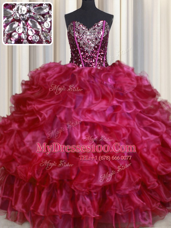 Noble Hot Pink 15 Quinceanera Dress Military Ball and Sweet 16 and Quinceanera and For with Beading and Ruffles Sweetheart Sleeveless Lace Up