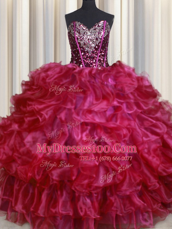 Noble Hot Pink 15 Quinceanera Dress Military Ball and Sweet 16 and Quinceanera and For with Beading and Ruffles Sweetheart Sleeveless Lace Up