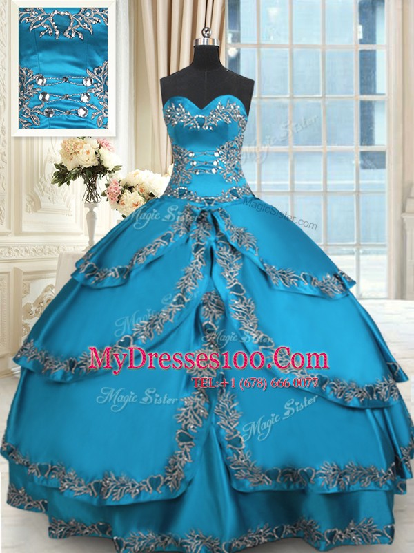 Blue Lace Up Sweetheart Beading and Embroidery and Ruffled Layers Quince Ball Gowns Taffeta Sleeveless
