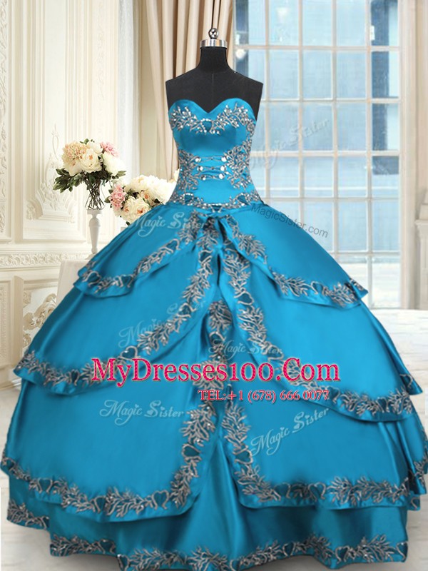 Blue Lace Up Sweetheart Beading and Embroidery and Ruffled Layers Quince Ball Gowns Taffeta Sleeveless