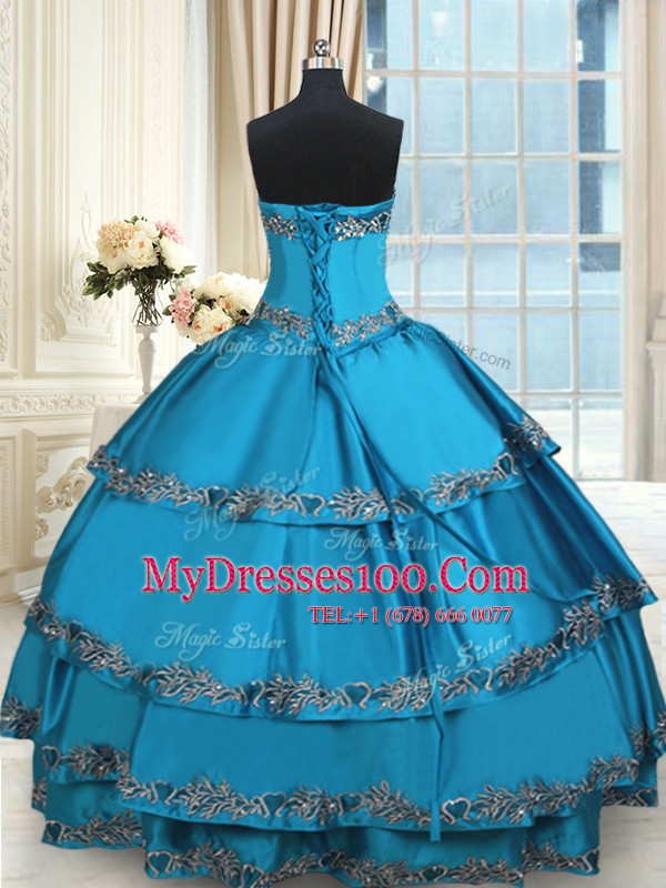 Blue Lace Up Sweetheart Beading and Embroidery and Ruffled Layers Quince Ball Gowns Taffeta Sleeveless