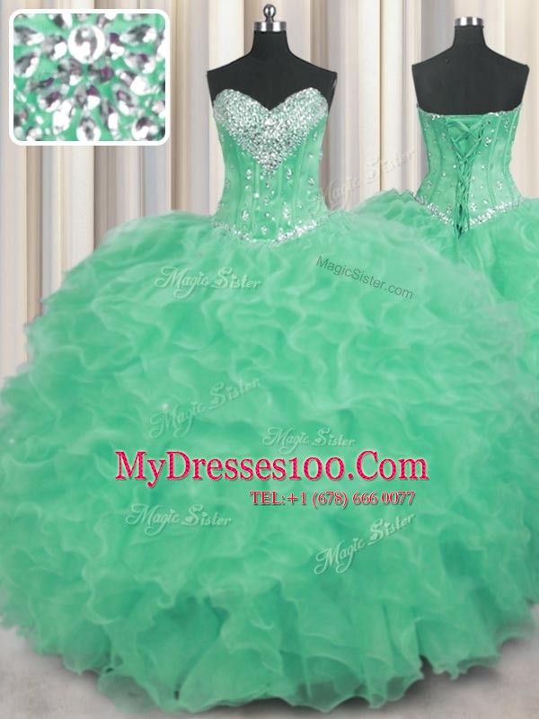 Beading and Ruffles 15 Quinceanera Dress Apple Green Lace Up Sleeveless Floor Length