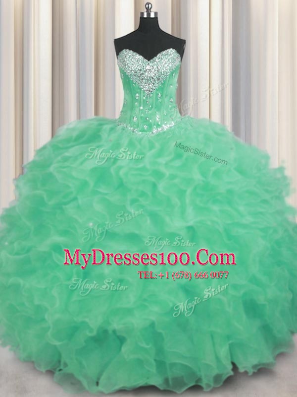 Beading and Ruffles 15 Quinceanera Dress Apple Green Lace Up Sleeveless Floor Length