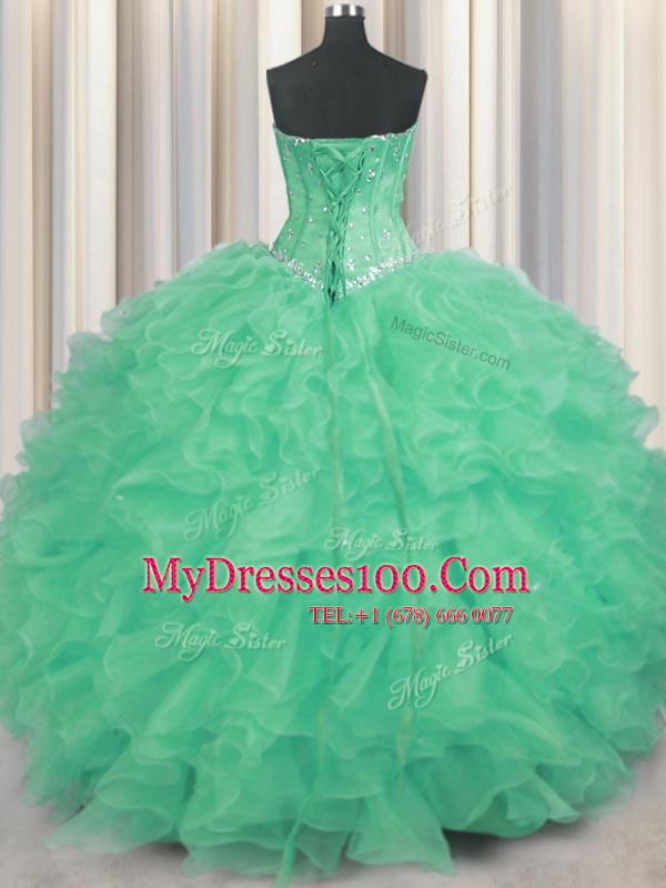 Beading and Ruffles 15 Quinceanera Dress Apple Green Lace Up Sleeveless Floor Length