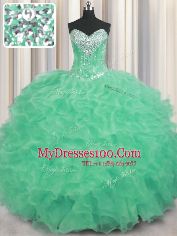 Beading and Ruffles 15 Quinceanera Dress Apple Green Lace Up Sleeveless Floor Length
