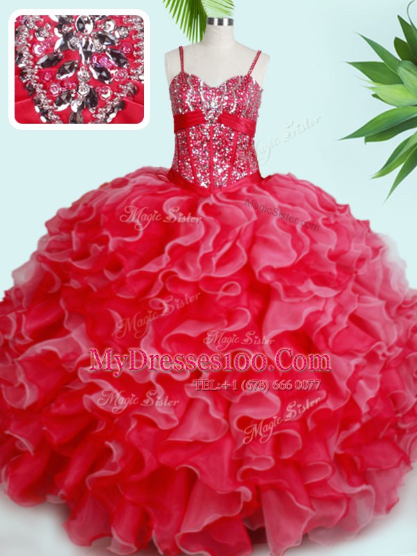 Popular Red Lace Up Spaghetti Straps Beading and Ruffles Quinceanera Gown Organza Sleeveless