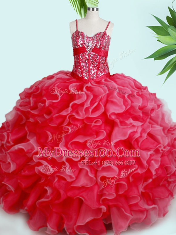 Popular Red Lace Up Spaghetti Straps Beading and Ruffles Quinceanera Gown Organza Sleeveless