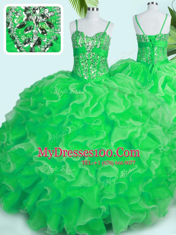 Hot Sale Green Organza Lace Up Spaghetti Straps Sleeveless Floor Length 15th Birthday Dress Beading and Ruffles
