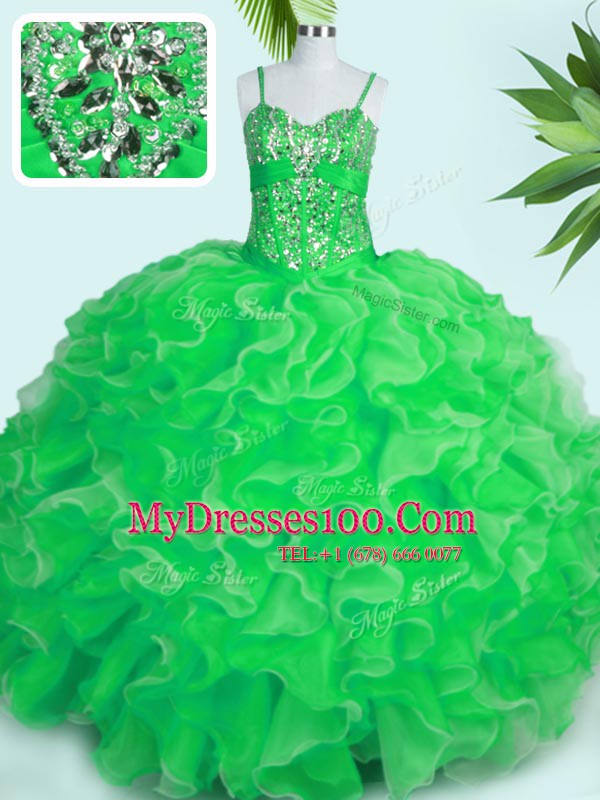 Hot Sale Green Organza Lace Up Spaghetti Straps Sleeveless Floor Length 15th Birthday Dress Beading and Ruffles