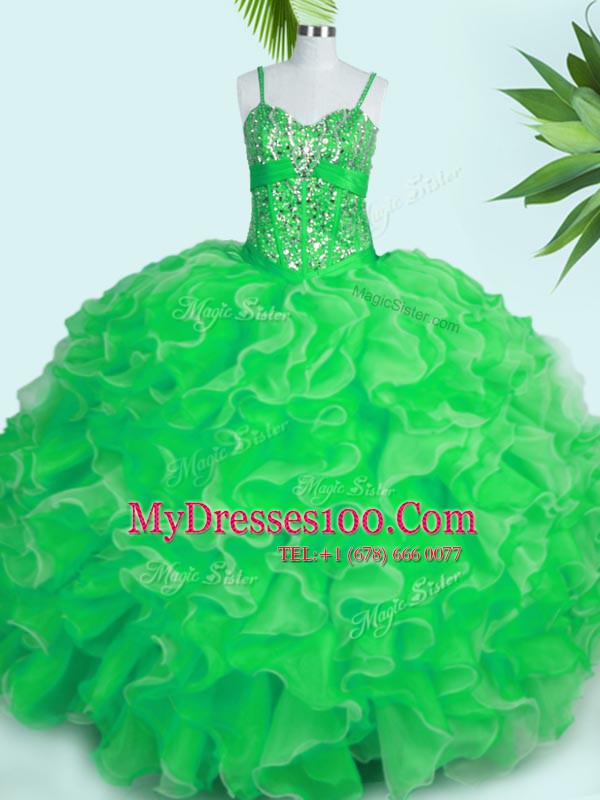 Hot Sale Green Organza Lace Up Spaghetti Straps Sleeveless Floor Length 15th Birthday Dress Beading and Ruffles
