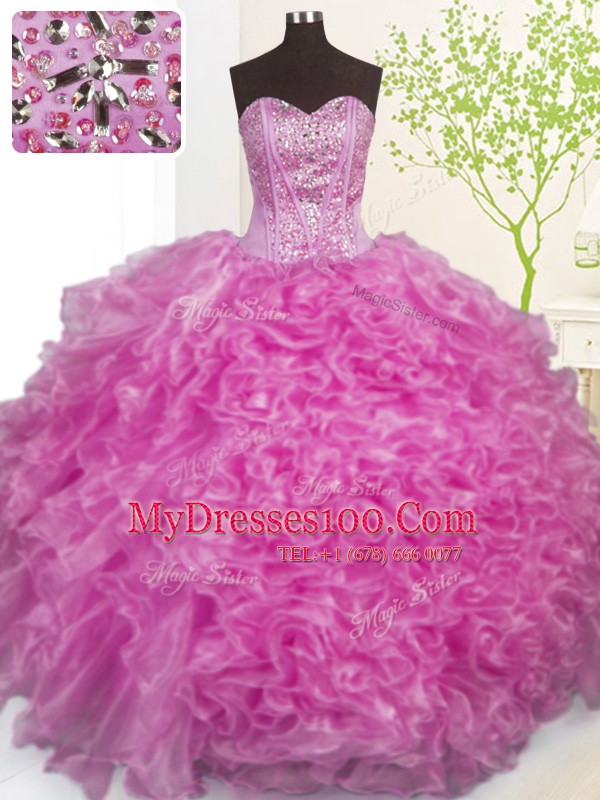 Dramatic Lilac Ball Gowns Sweetheart Sleeveless Organza Floor Length Lace Up Beading and Ruffles and Pick Ups 15 Quinceanera Dress