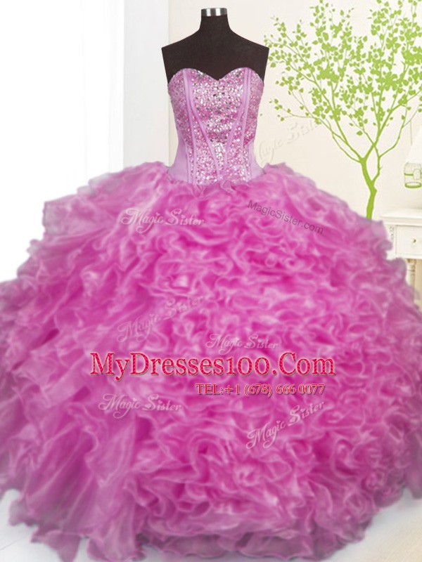 Dramatic Lilac Ball Gowns Sweetheart Sleeveless Organza Floor Length Lace Up Beading and Ruffles and Pick Ups 15 Quinceanera Dress