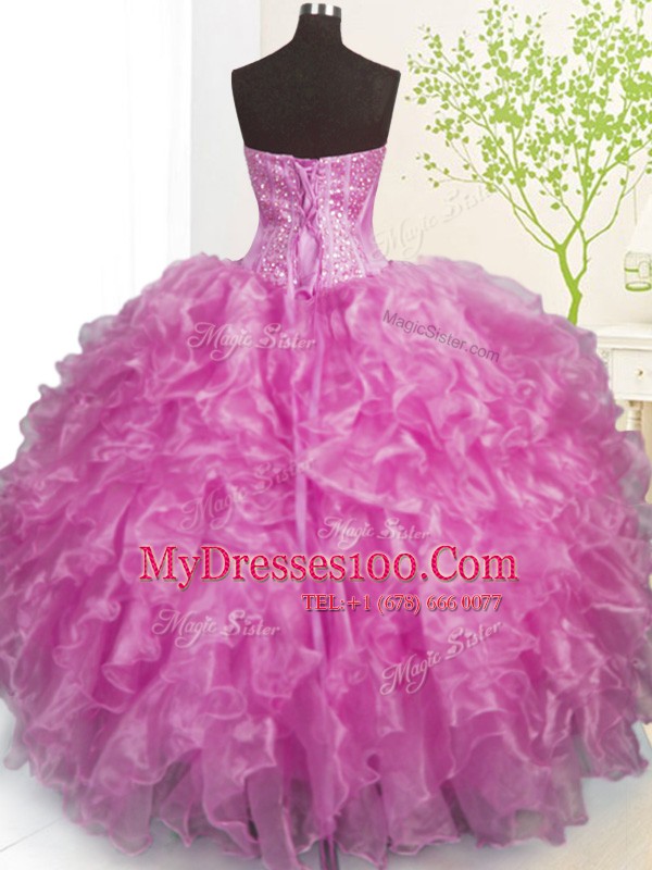 Dramatic Lilac Ball Gowns Sweetheart Sleeveless Organza Floor Length Lace Up Beading and Ruffles and Pick Ups 15 Quinceanera Dress
