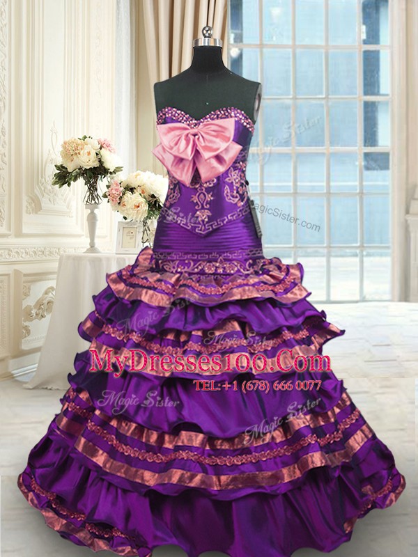 Comfortable Purple A-line Appliques and Ruffled Layers and Bowknot Sweet 16 Quinceanera Dress Lace Up Taffeta Sleeveless