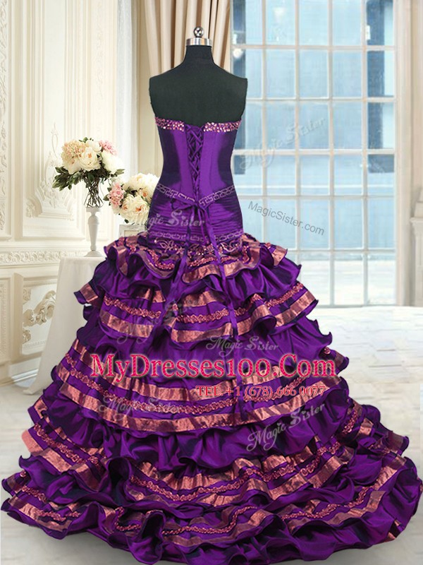 Comfortable Purple A-line Appliques and Ruffled Layers and Bowknot Sweet 16 Quinceanera Dress Lace Up Taffeta Sleeveless
