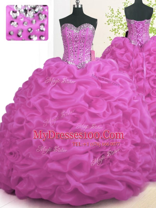 Fuchsia Organza Lace Up Quinceanera Dress Sleeveless With Brush Train Beading and Ruffles