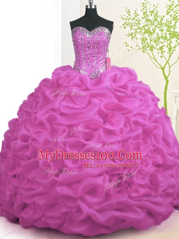 Fuchsia Organza Lace Up Quinceanera Dress Sleeveless With Brush Train Beading and Ruffles