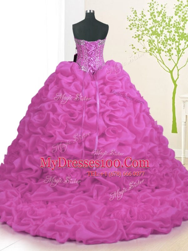 Fuchsia Organza Lace Up Quinceanera Dress Sleeveless With Brush Train Beading and Ruffles
