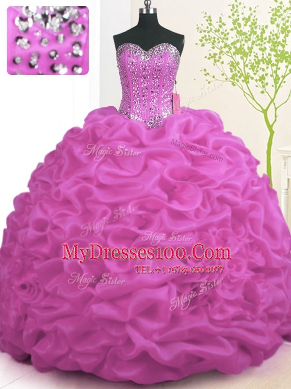 Fuchsia Organza Lace Up Quinceanera Dress Sleeveless With Brush Train Beading and Ruffles