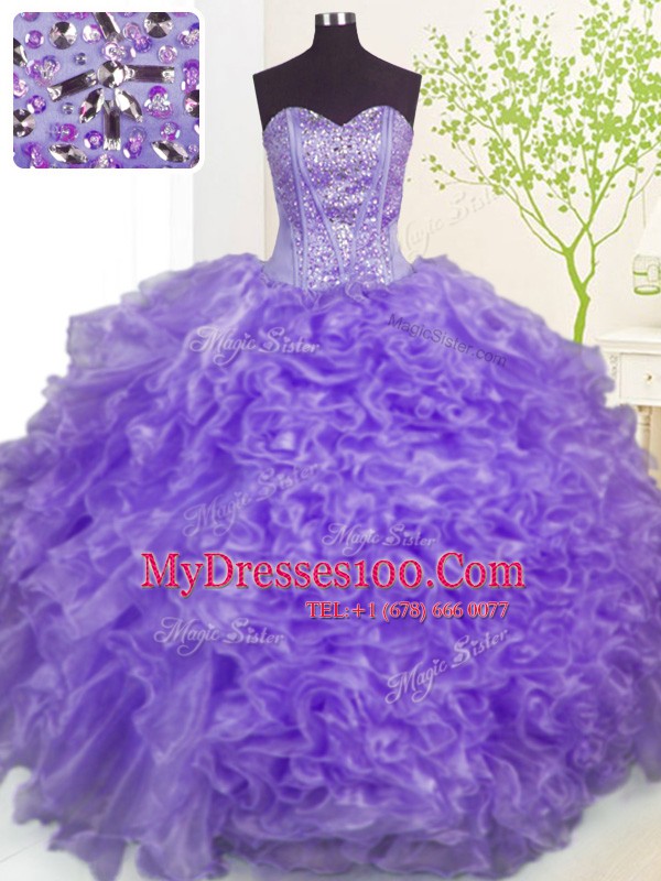 Fashion Beading and Ruffles and Pick Ups 15th Birthday Dress Lavender Lace Up Sleeveless Floor Length