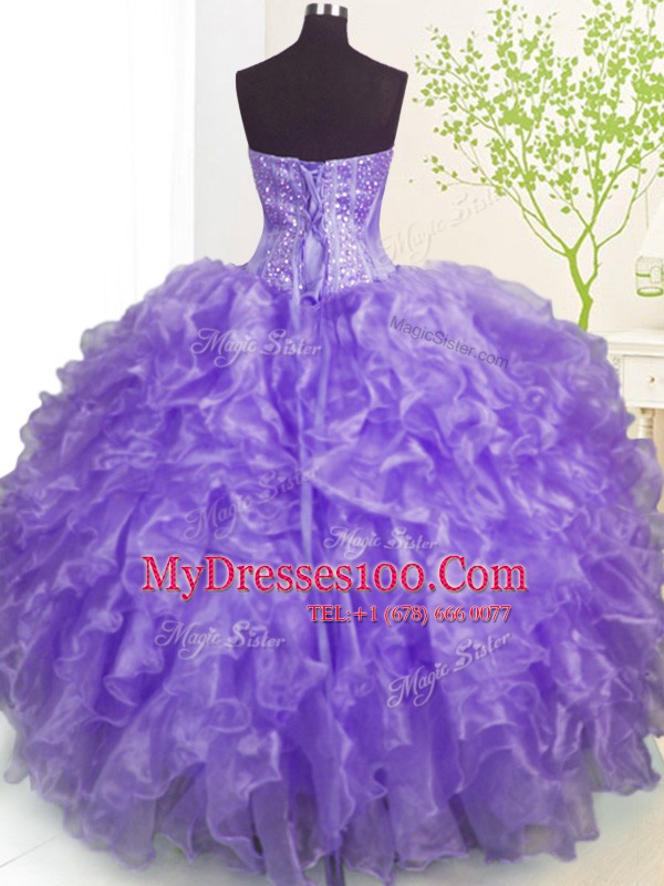 Fashion Beading and Ruffles and Pick Ups 15th Birthday Dress Lavender Lace Up Sleeveless Floor Length