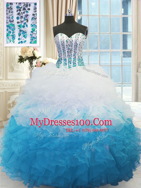 Fashionable Blue And White Ball Gowns Beading and Ruffles Sweet 16 Quinceanera Dress Lace Up Organza Sleeveless Floor Length