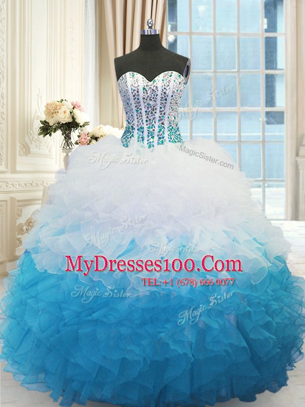 Fashionable Blue And White Ball Gowns Beading and Ruffles Sweet 16 Quinceanera Dress Lace Up Organza Sleeveless Floor Length