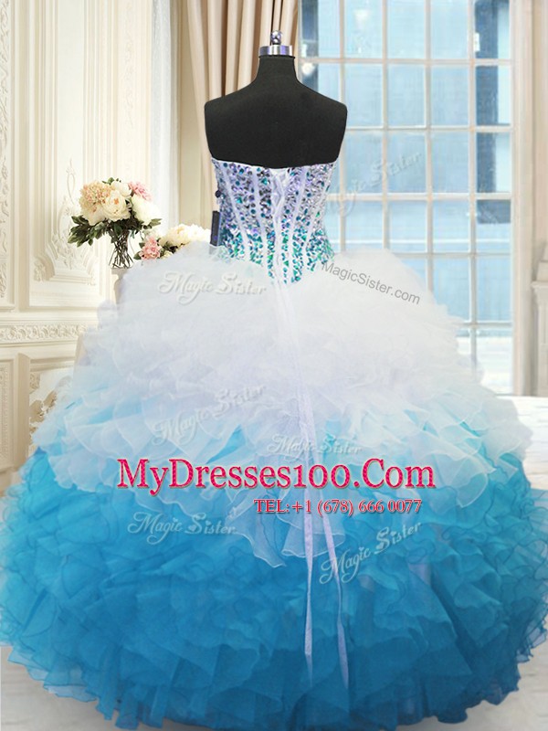 Fashionable Blue And White Ball Gowns Beading and Ruffles Sweet 16 Quinceanera Dress Lace Up Organza Sleeveless Floor Length