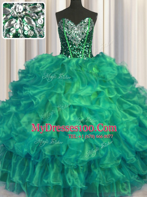 Floor Length Turquoise 15 Quinceanera Dress Organza Sleeveless Beading and Ruffles