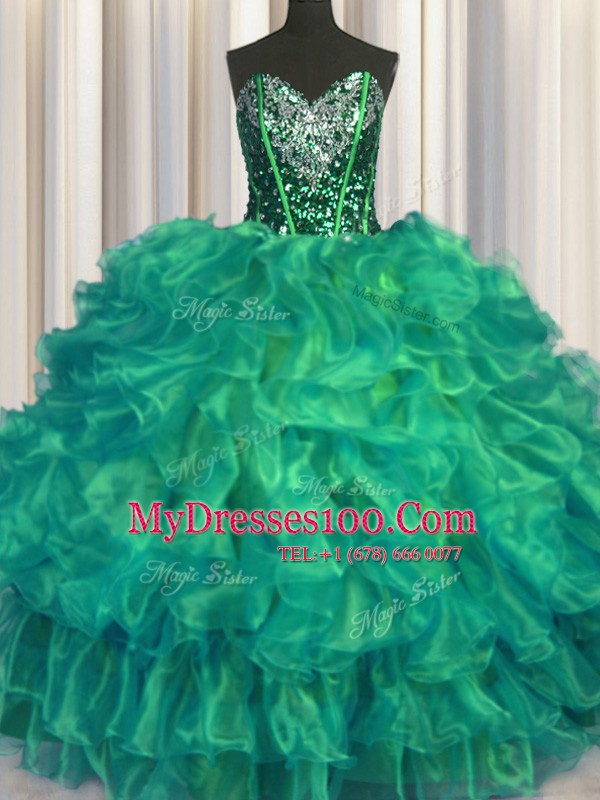 Floor Length Turquoise 15 Quinceanera Dress Organza Sleeveless Beading and Ruffles