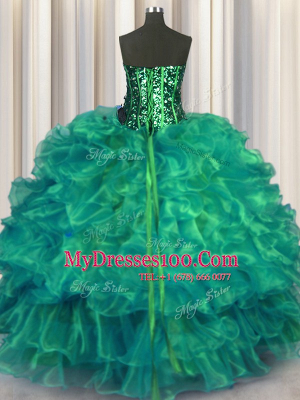 Floor Length Turquoise 15 Quinceanera Dress Organza Sleeveless Beading and Ruffles