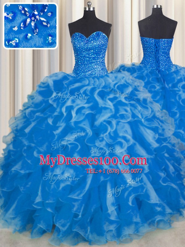 Sweetheart Sleeveless Lace Up Quinceanera Gown Blue Organza