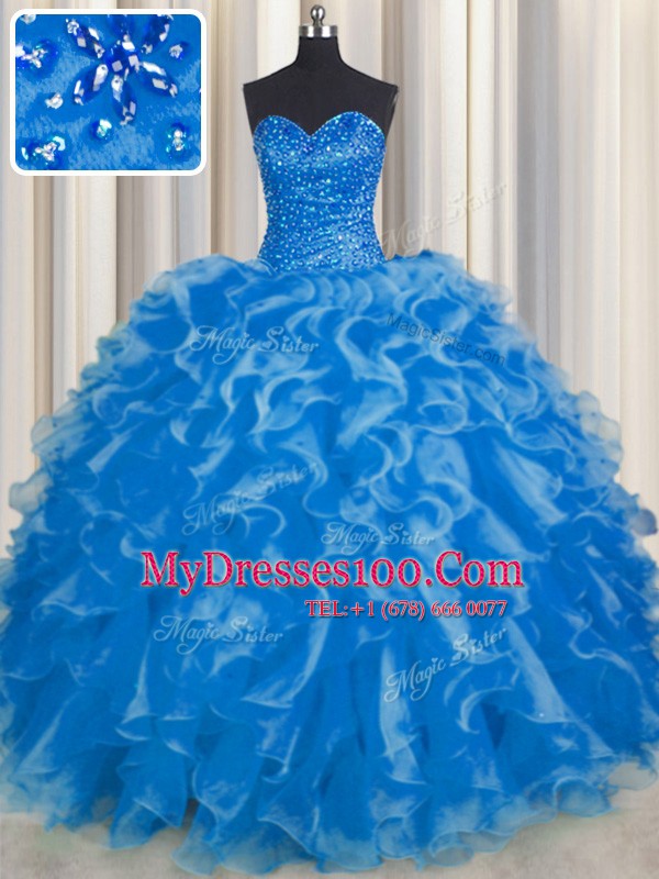 Sweetheart Sleeveless Lace Up Quinceanera Gown Blue Organza