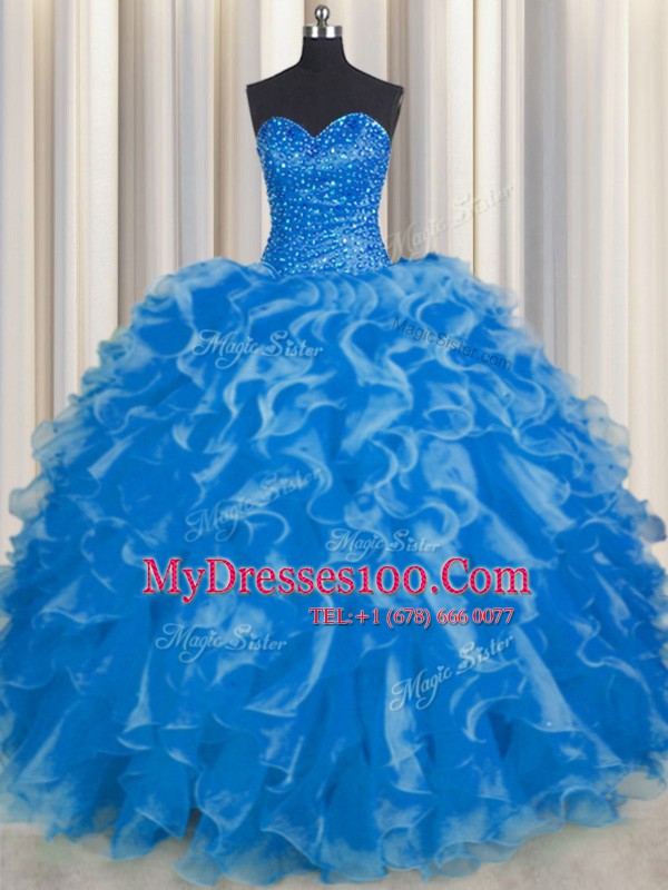 Sweetheart Sleeveless Lace Up Quinceanera Gown Blue Organza