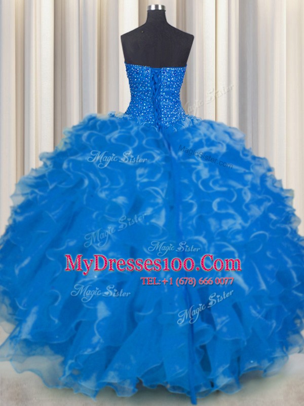 Sweetheart Sleeveless Lace Up Quinceanera Gown Blue Organza