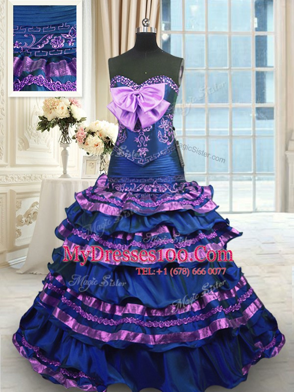 Sleeveless Brush Train Lace Up Appliques and Ruffled Layers and Bowknot Quinceanera Dresses