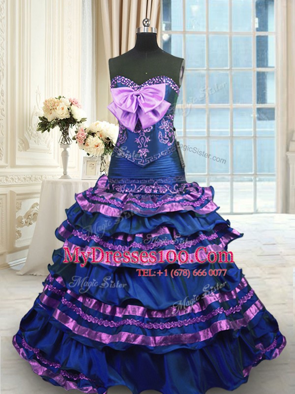 Sleeveless Brush Train Lace Up Appliques and Ruffled Layers and Bowknot Quinceanera Dresses