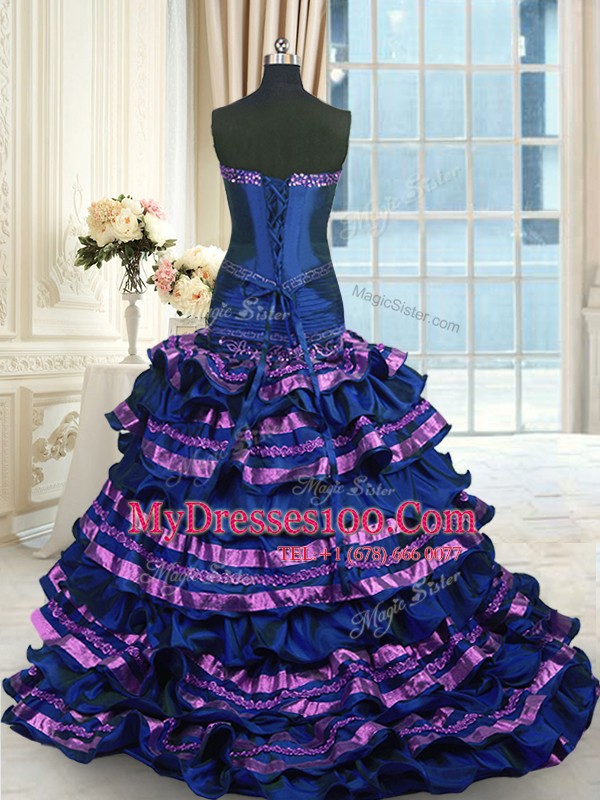 Sleeveless Brush Train Lace Up Appliques and Ruffled Layers and Bowknot Quinceanera Dresses