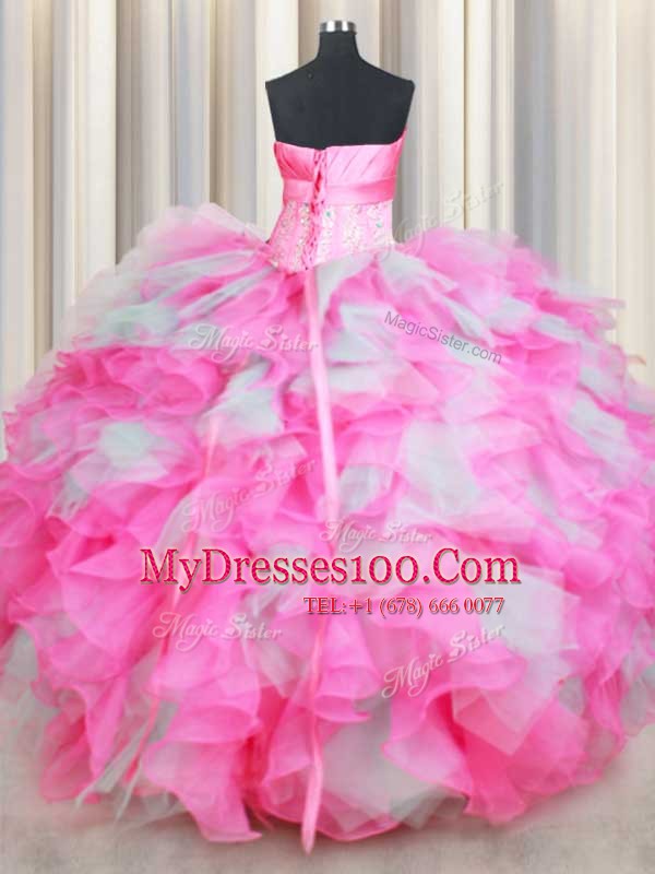 Pretty Strapless Sleeveless Quinceanera Dresses Floor Length Beading and Ruffles and Hand Made Flower Pink And White Organza