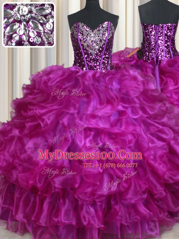 Modest Fuchsia Sleeveless Organza Lace Up Vestidos de Quinceanera for Sweet 16 and Quinceanera