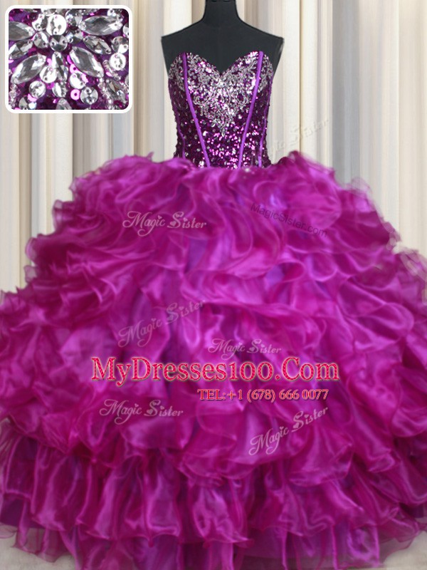 Modest Fuchsia Sleeveless Organza Lace Up Vestidos de Quinceanera for Sweet 16 and Quinceanera